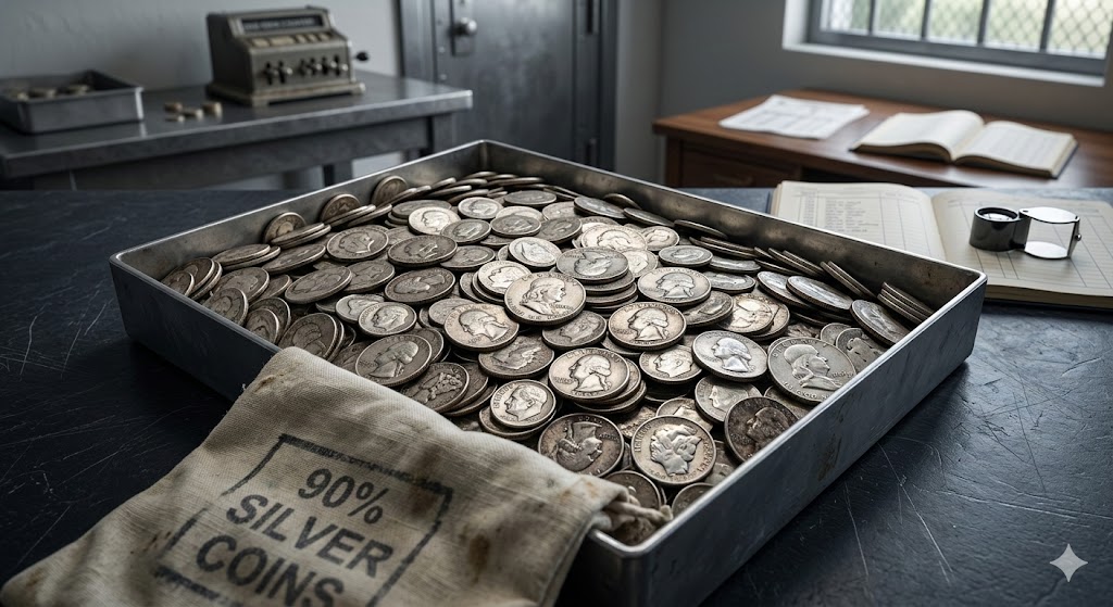A secure metal tray overflowing with 90% US silver coins, featuring a '90% SILVER COINS' canvas bag, in a vault setting.